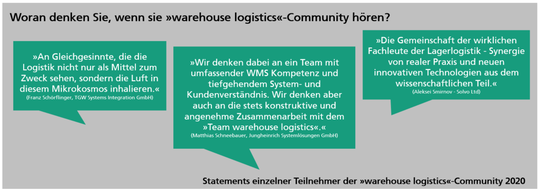 Drei Statements von Experten darüber, was einem in den Sinn kommt, wenn man an 'Warehouse Logistics'-Community denkt.