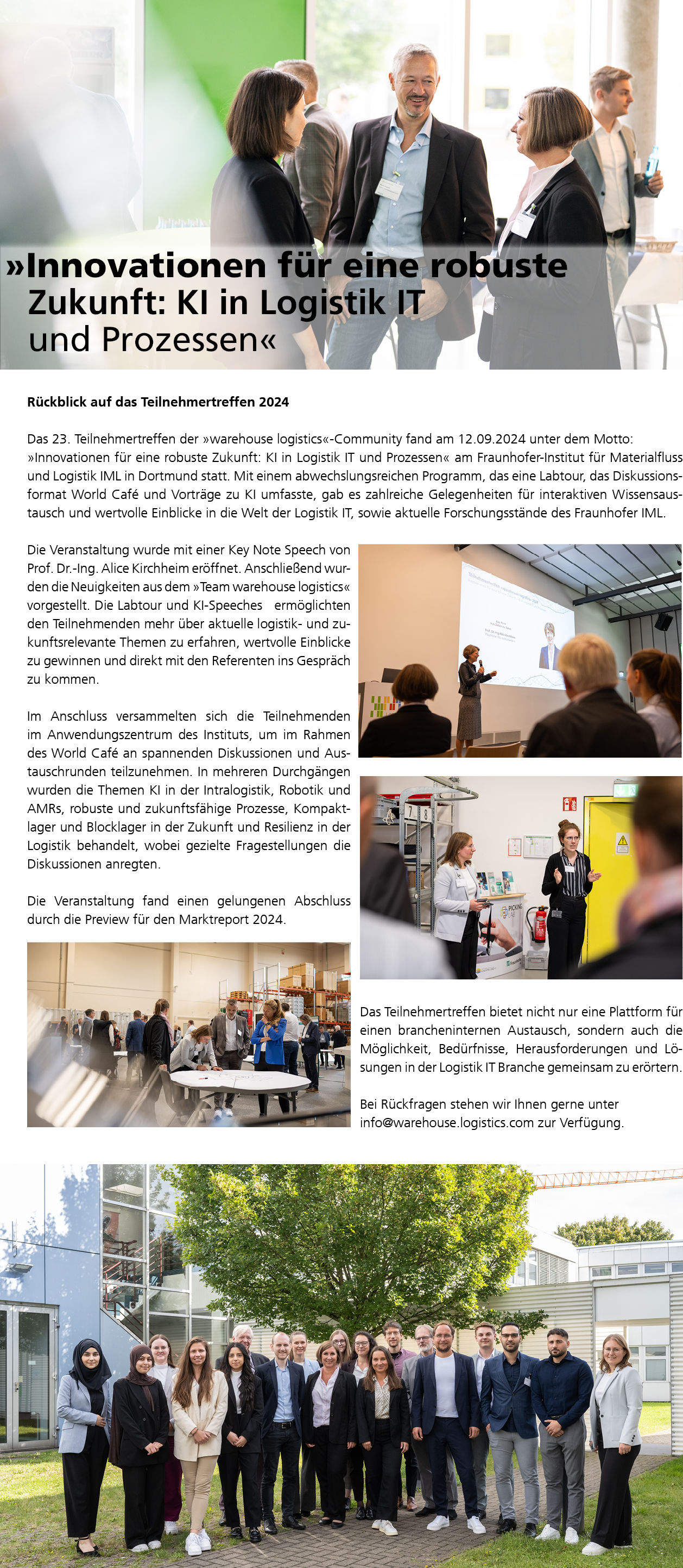 oben: Personen im Hintergrund, die sich unterhalten mit der Unterüberschrift 'Innovation für eine robuste Zukunft: KI in Logistik IT und Prozessen'.mitte rechts 1: Person hält Vortrag vor Personen.mitte rechts 2: Personen, die vor mehreren Personen im Lager reden.mitte links: Personen an verschiedenen Tischen im Lager verteilt, während eine Person an einem Tisch Notizen macht.unten: Mehrere Personen stehen nebeneinander vor dem Gebäude.