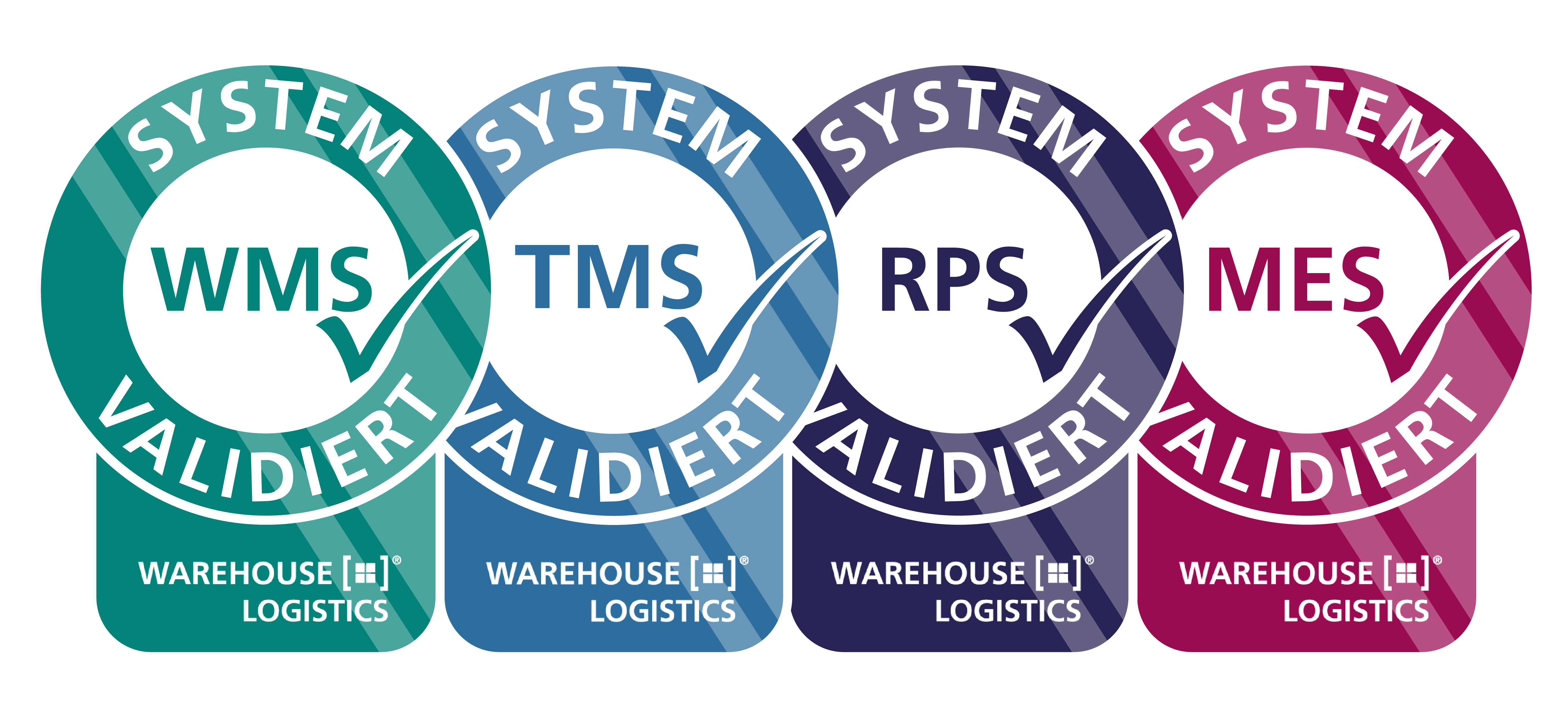 Validiersiegel der 4 verschiedenen Systemen des Warehouse Logistics.
