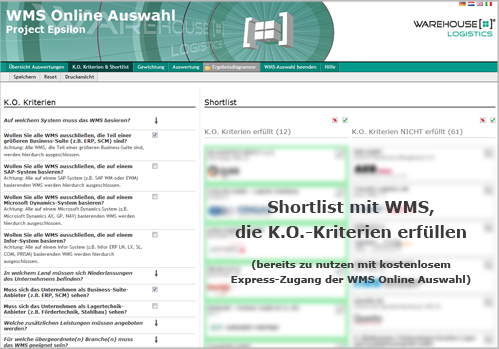 Lagerverwaltungssystem: Selektion der K.O. Kriterien innerhalb der WMS Online Auswahl